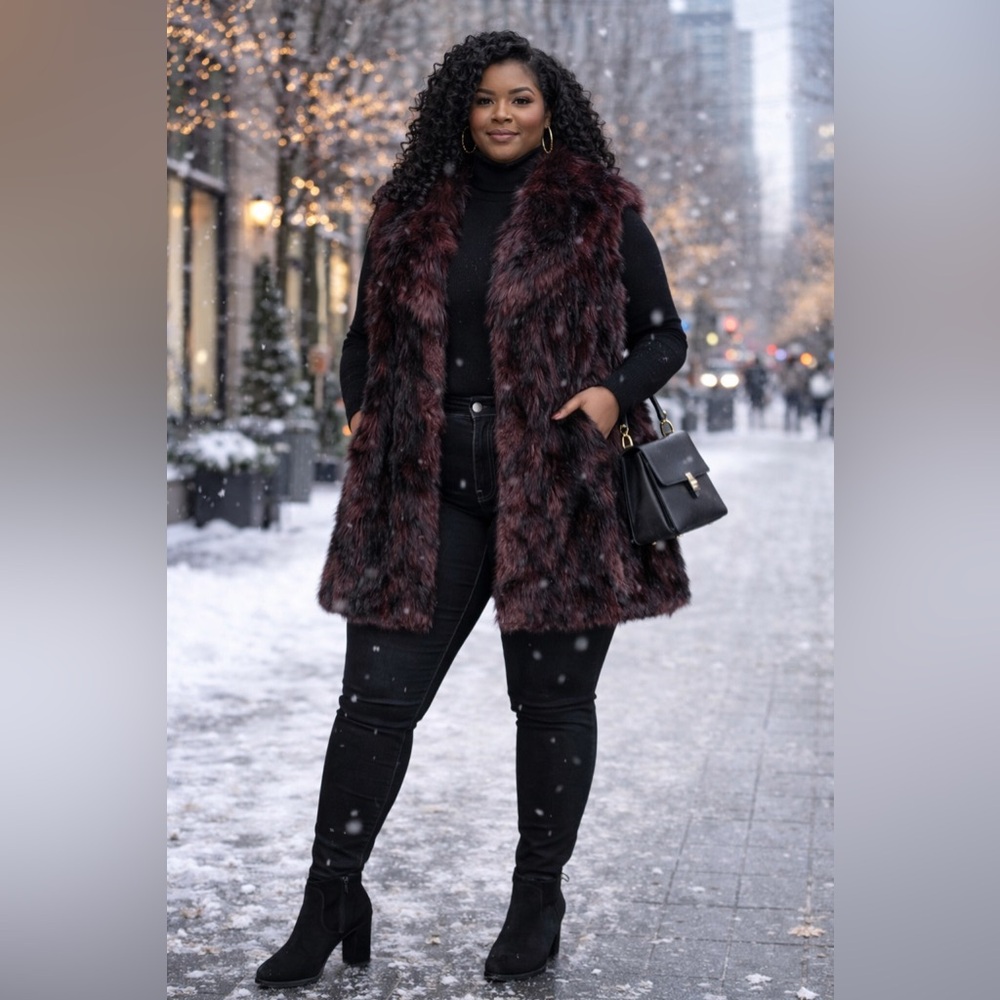 Adrienne Landau Luxe Maroon & Black Faux Fur Vest — Size 3X — NWT